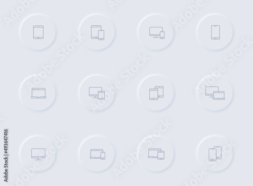 smart devices gray vector icons on round rubber buttons. smart devices icon set for web, mobile apps, ui design and promo business polygraphy