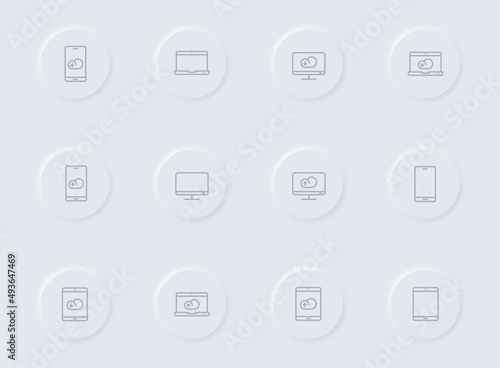 smart devices gray vector icons on round rubber buttons. smart devices icon set for web, mobile apps, ui design and promo business polygraphy