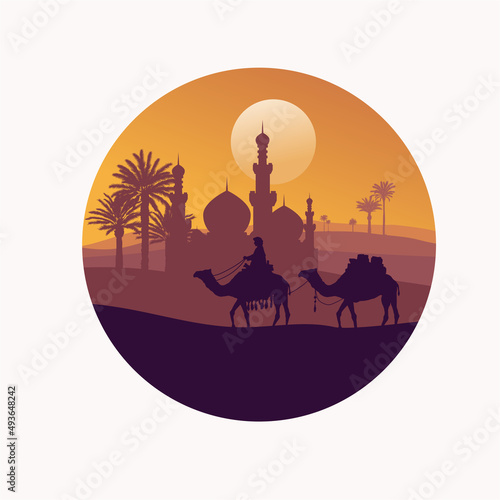 Man riding camel with mosque circle Background