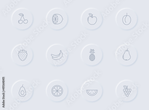 summer fruits gray vector icons on round rubber buttons. summer fruits icon set for web, mobile apps, ui design and promo business polygraphy
