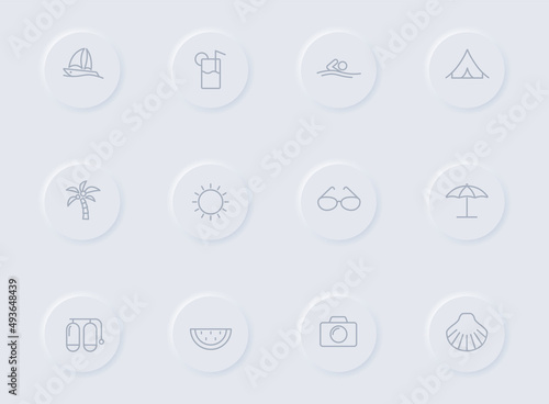summer gray vector icons on round rubber buttons. summer icon set for web, mobile apps, ui design and promo business polygraphy