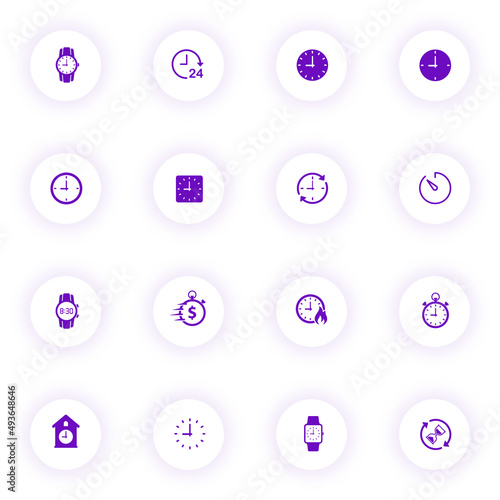 time clock purple color vector icons on light round buttons with purple shadow. time clock icon set for web, mobile apps, ui design and print
