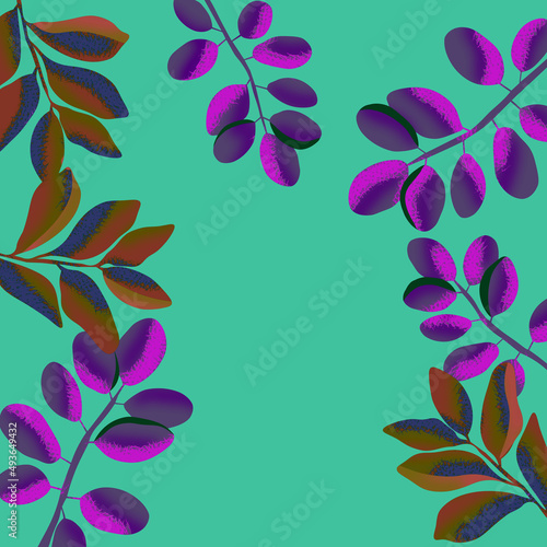 Ilustracja motyw roślinny kolorowe liście turkusowe tło 