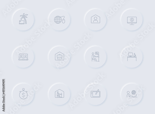 work at home gray vector icons on round rubber buttons. work at home icon set for web, mobile apps, ui design and promo business polygraphy