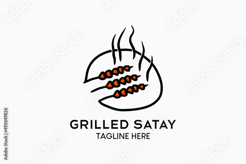 Grilled satay logo design with creative hand-drawn concept, satay icon in a circle. Modern vector illustration