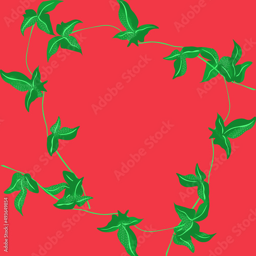 Ilustracja motyw roślinny zielone liście czerwone tło 