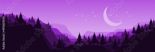 mountain landscape with moon and star flat design vector illustration good for wallpaper, banner, background, backdrop, banner, web, design template and tourism