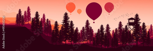 landscape mountain with hot air balloon flying flat design vector good for wallpaper, banner, background, backdrop, web, tourism and design template