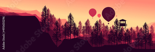 landscape mountain with hot air balloon flying flat design vector good for wallpaper, banner, background, backdrop, web, tourism and design template
