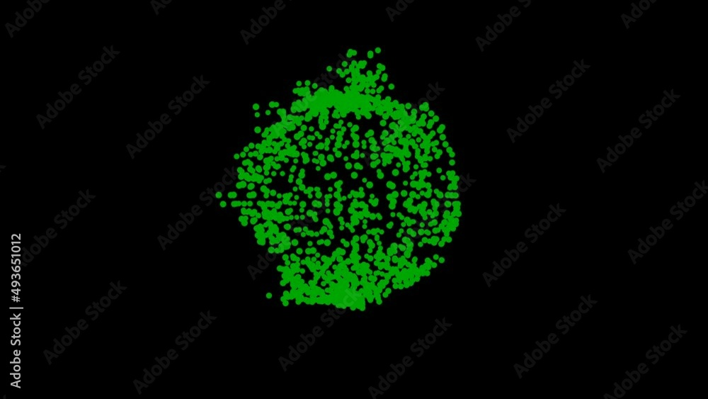 Animated green sphere consisting of many particles rotates endlessly on a black background. Animated green sphere consisting of many particles rotates endlessly on a black background.