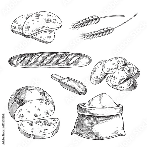 Bread loaf and pieces, whear spikelets and bag of flour. Vector set of graphic elements for bakery design. Hand drawn illustration in dashed vintage style.