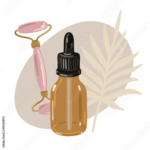 Face oil and face massager, vector illustration. Beauty industry concept.
