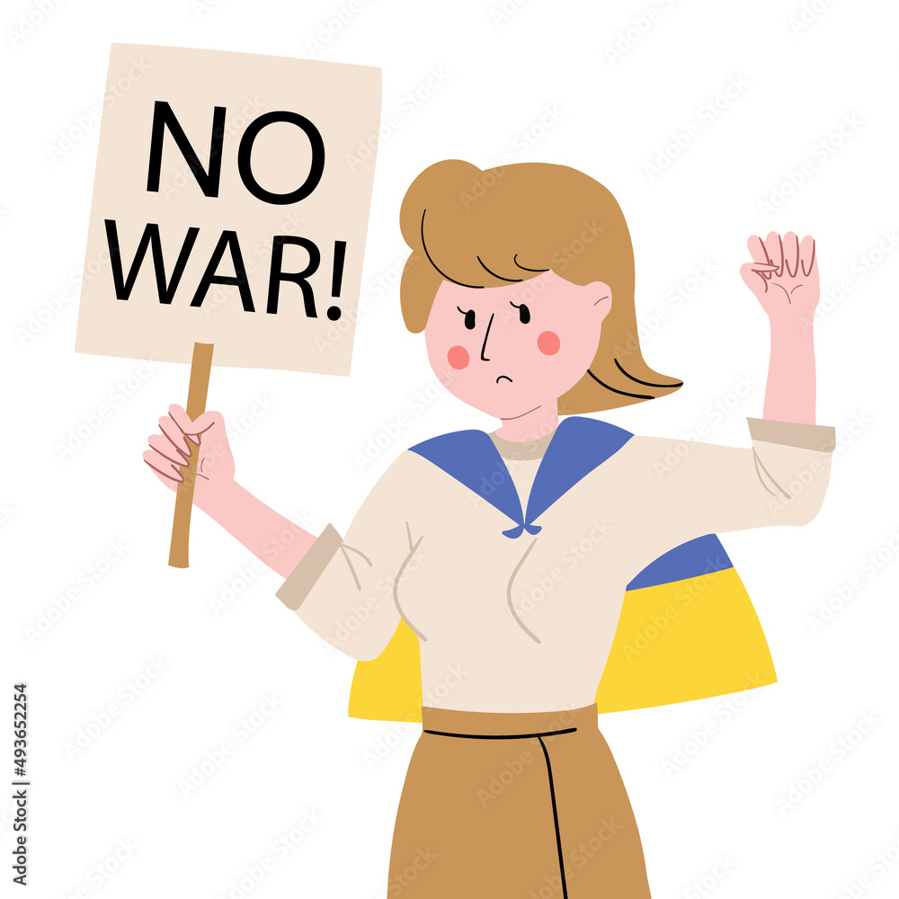Woman holding banners and placards. No war concept. Vector illustration Woman holding banners and placards. No war concept. Vector illustration