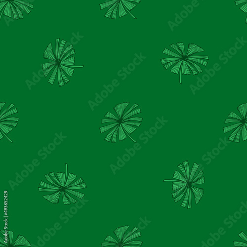 Fan palm leaves seamless pattern on. Vintage foliage of palmetto in engraving style.
