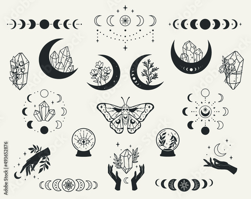 Set of mystical symbols: moon phases, crystals, witchy hands, crystal balls, flower moons. Vector with a slotted pattern. This collection will be great for design of mystical project, card and poster 