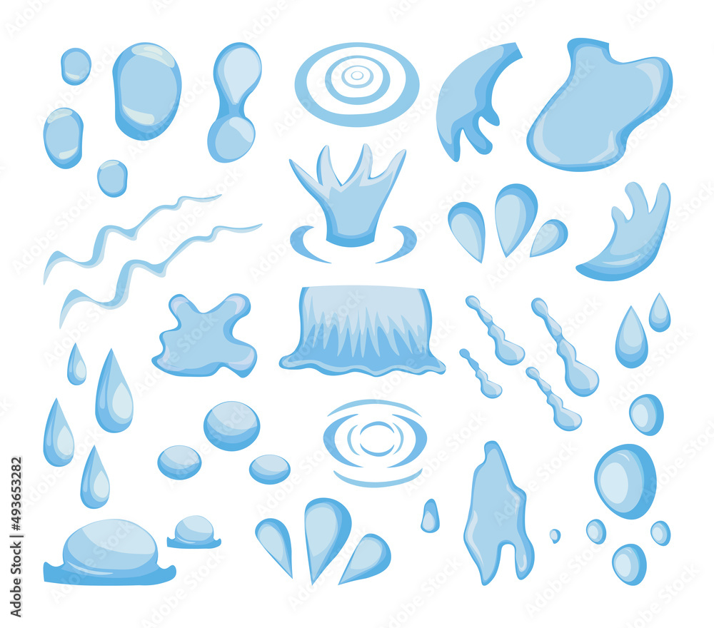 Vector set of blue water splashes, drops, smudges, liquids. Isolated objects on a white background.
