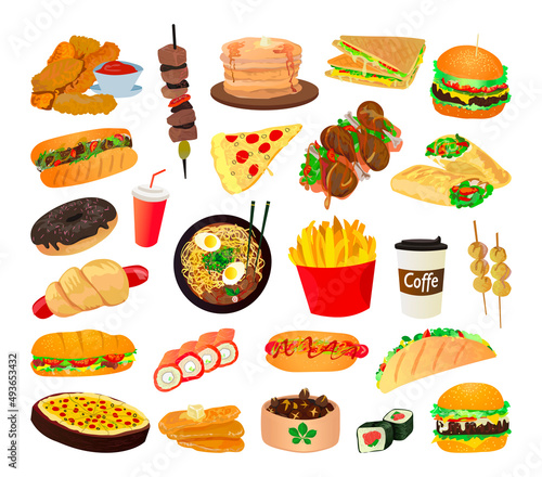 Collection of fast food from different countries in a detailed style.