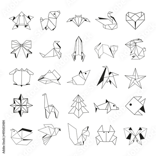 Collection of origami figurines in linear style.