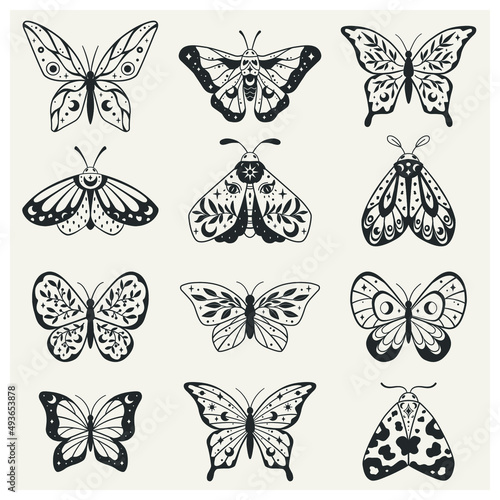 Collection of celestial butterflies and moths. Black outline design. Vector with a slotted pattern. This boho set are good for design of mystical project, card and poster making, decoration clothes an