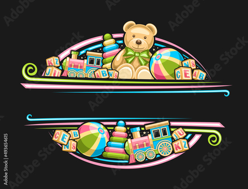 Vector border for Kid Toys with copyspace for advertising text, decorative sign board with illustration of different toys, cute soft teddybear with bow tie, kids cubes with letters and cartoon stack