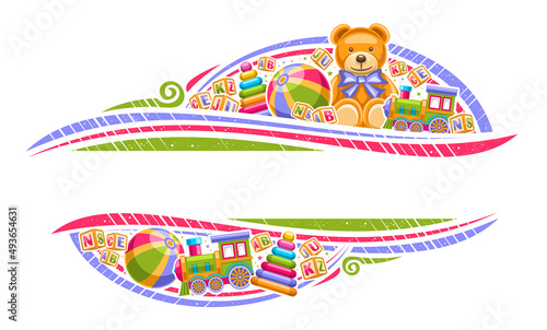 Vector border for Kid Toys with copyspace for advertising text, decorative sign board with illustration of different toys, cute soft teddy bear with bow tie, kids cubes with letters and cartoon stack
