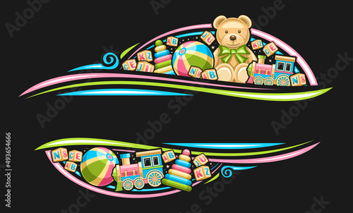 Vector border for Kid Toys with copy space for advertising text, decorative sign board with illustration of different toys, cute soft teddy bear with bow tie, kids cubes with letters and rainbow stack
