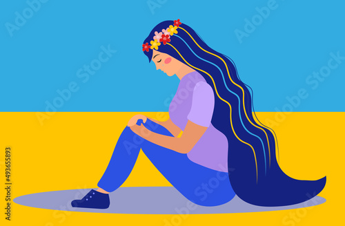 Valokuva Crying ukrainian woman cry, Ukrainian flag