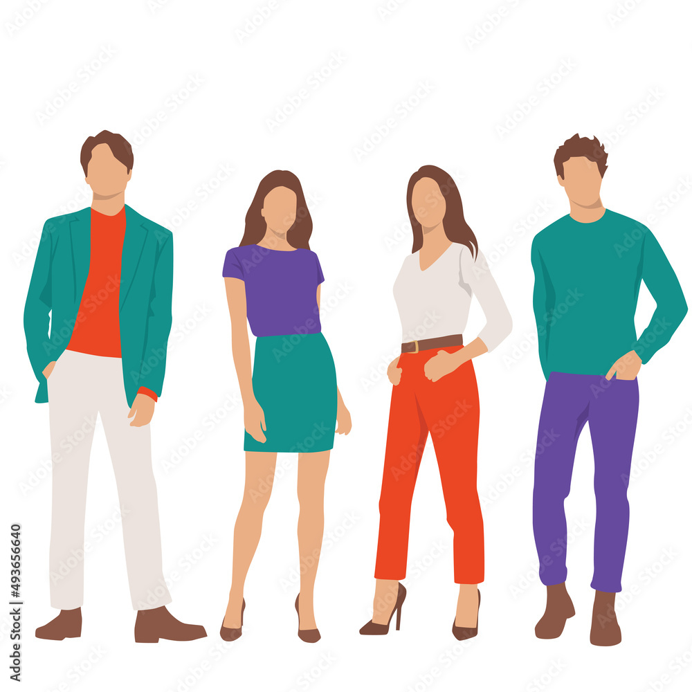 Set of young men and women, different colors, cartoon character, group of silhouettes of standing business people, students, the design concept of flat icon, isolated on white background Set of young men and women, different colors, cartoon character, group of silhouettes of standing business people, students, the design concept of flat icon, isolated on white background