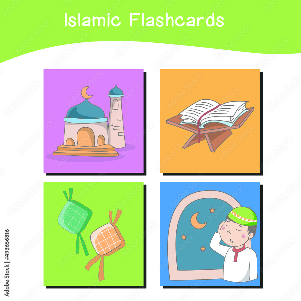 Cute Islamic image flashcards. Islamic flashcards collections. Colorful printable flashcards for preschool Educational printable game cards. Vector illustration.
