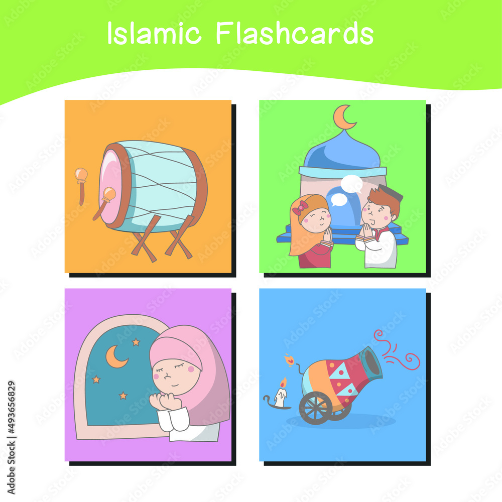 Fototapeta premium Cute Islamic image flashcards. Islamic flashcards collections. Colorful printable flashcards for preschool Educational printable game cards. Vector illustration.