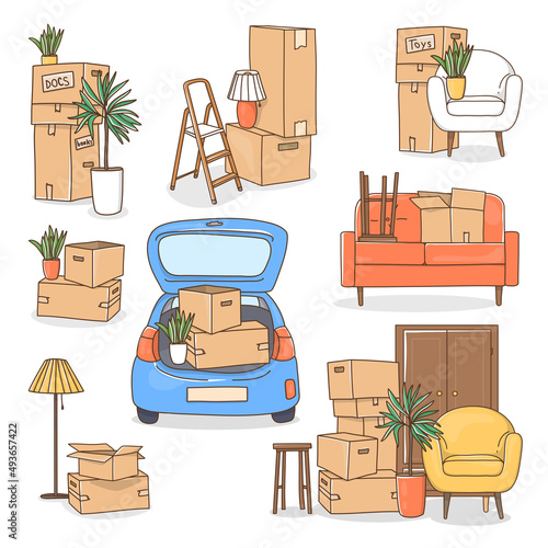 Set of various boxes of things and furniture for moving to a new home or office. Vector illustration in doodle style.