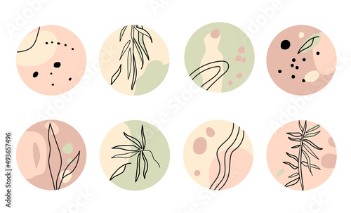Highlight story cover icons for social media, covers, stickers. The set of round covers includes abstract spots, lines and twigs with leaves. Delicate, pastel colors. Vector illustration.