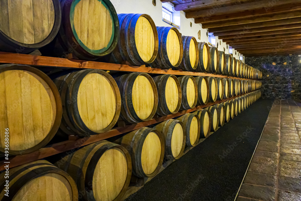 Stacked wooden barrels in a wine cellar