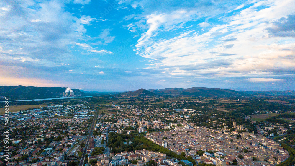aerial panorama of monteilimar with nuclear plant
