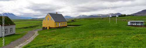 Traditional icelandic wooden House in Iceland. Panoramic image