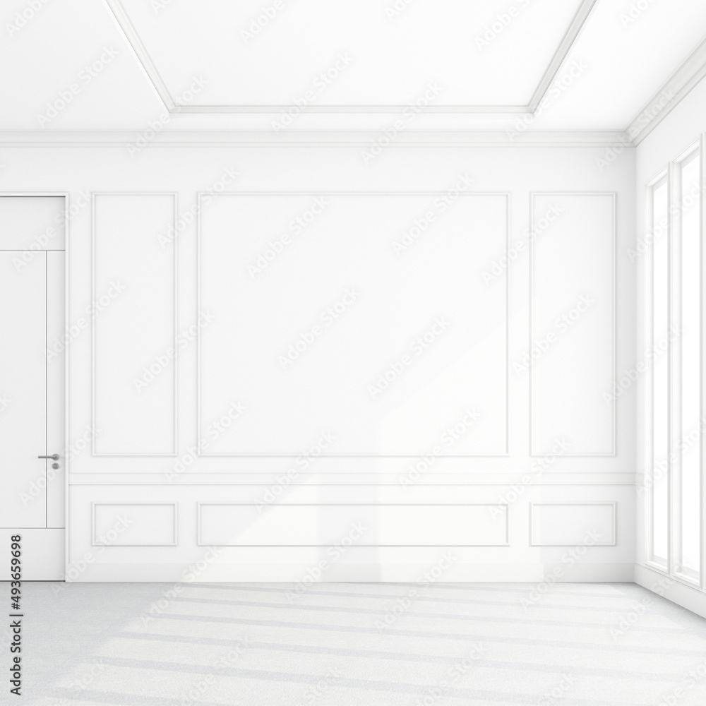 Fototapeta premium Stylish living room interior of modern apartment and trendy furniture, classic pattern wall on parquet wooden floor and elegant accessories. Home decor. Template, 3D render, 3D illustration