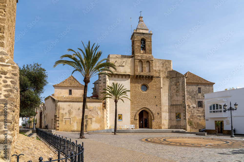 view of the historic parish church in the old city center of Rota