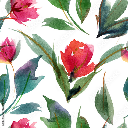 Peony Leaves ans Buds. Watercolor seamless pattern