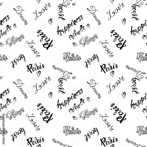 Seamless pattern with words on the theme of paris and travel isolated on white.