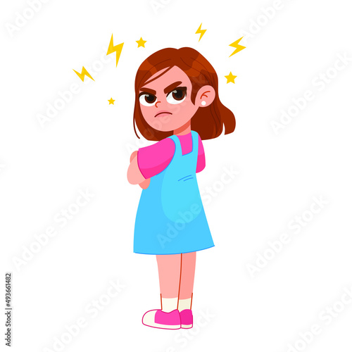Vector illustration of a very angry girl girl standing in a pose, arms crossed, with a disgruntled look on her face. aggressive children 
