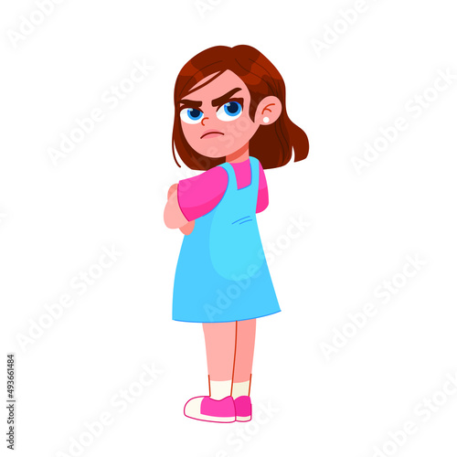 Vector illustration of a very angry girl girl standing in a pose, arms crossed, with a disgruntled look on her face. aggressive children 

