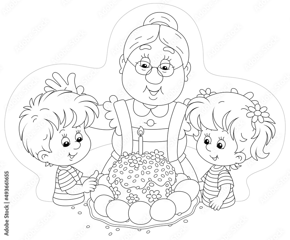 Happy granny and little kids at their festive table with a traditional sweet holiday cake and painted Easter eggs, black and white outline vector cartoon illustration for a coloring book page Happy granny and little kids at their festive table with a traditional sweet holiday cake and painted Easter eggs, black and white outline vector cartoon illustration for a coloring book page