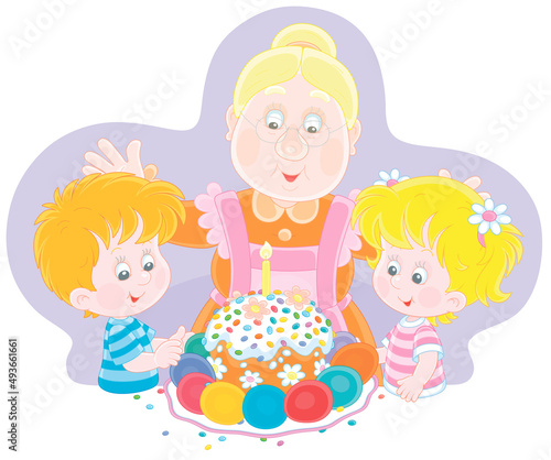 Happy granny and little kids at their festive table with a traditional sweet holiday cake and colorfully painted Easter eggs, vector cartoon illustration isolated on a white background