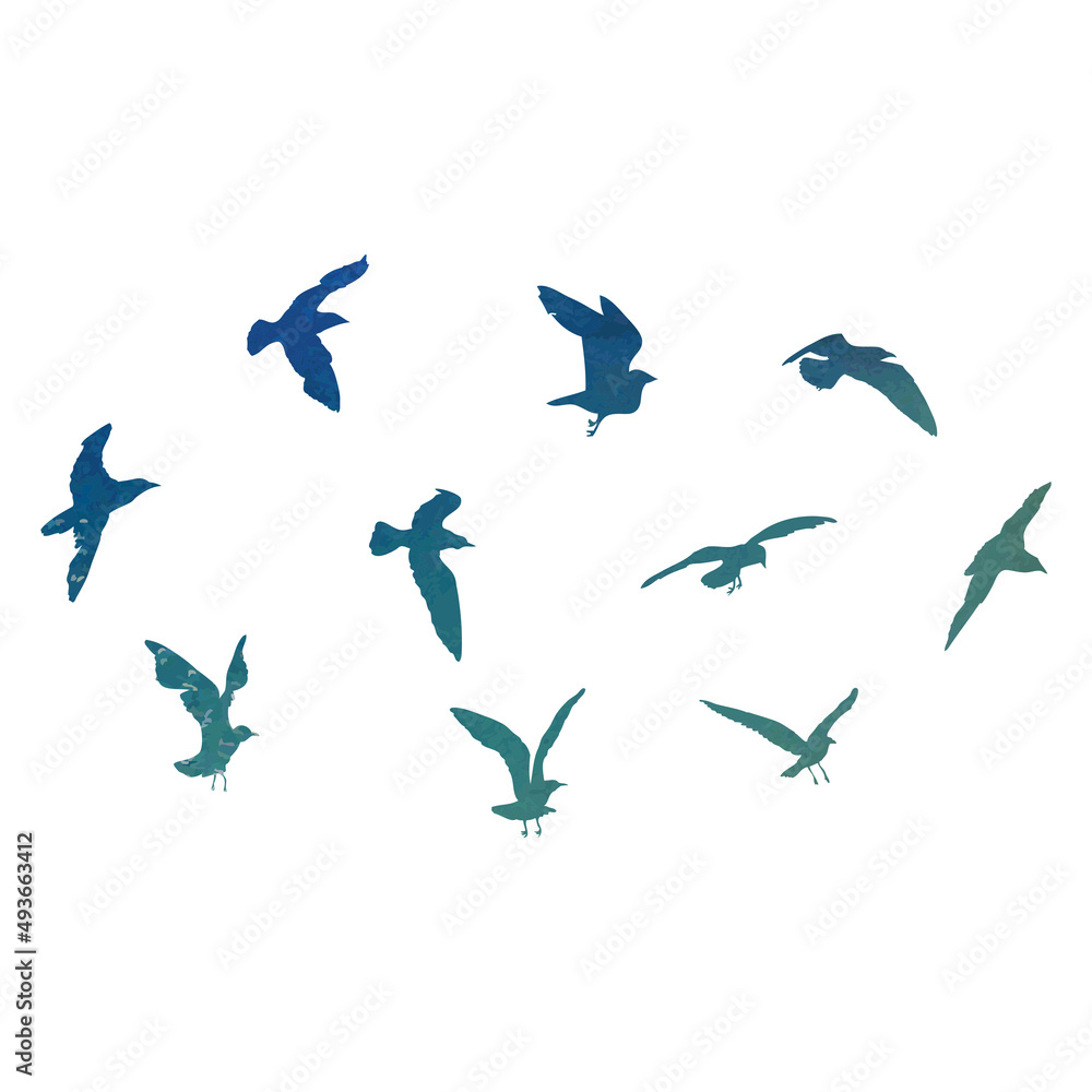 Obraz premium Watercolour silhouette of flying birds seagulls on white background. Inspirational body flash tattoo ink of sea birds. Vector.