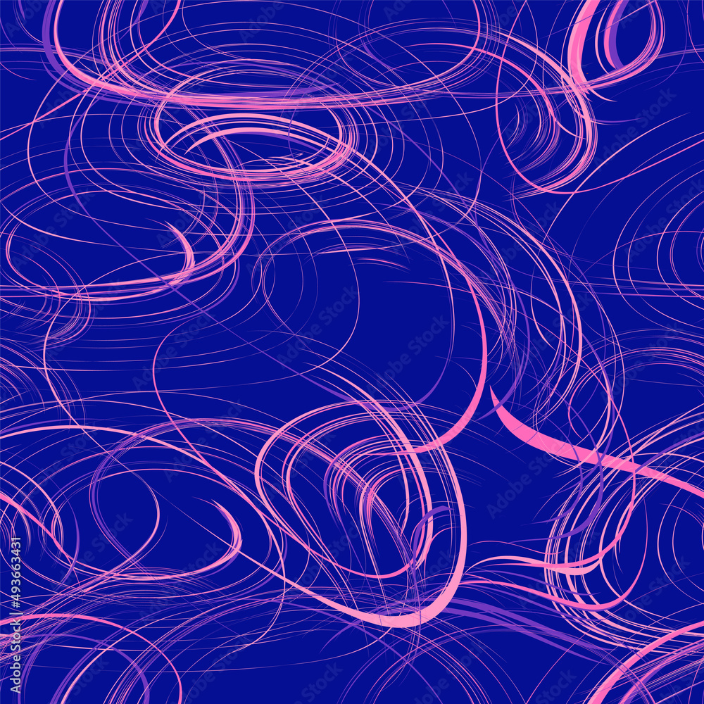 Seamless dynamic pattern with intersecting grunge wavy oval elements in pink color on blue background