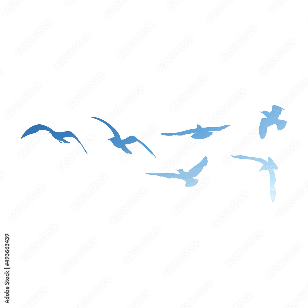 Watercolour silhouette of flying birds seagulls on white background. Inspirational body flash tattoo ink of sea birds. Vector.