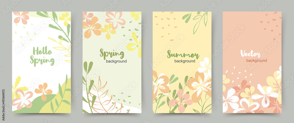 Spring summer season banner templates. Background with flowers and leaves for social media stories in green and pink colors. Vector illustration for cards, invitations, advertisements, web banners 