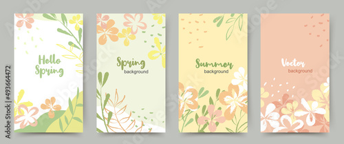 Spring summer season banner templates. Background with flowers and leaves for social media stories in green and pink colors. Vector illustration for cards  invitations  advertisements  web banners 