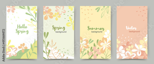 Spring summer season banner templates. Background with flowers and leaves for social media stories in green and pink colors. Vector illustration for cards, invitations, advertisements, web banners 