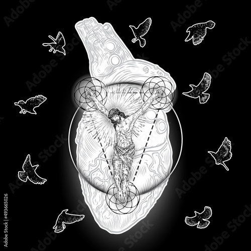 Jesus Christ crucified on sacred geometry mandala circles sacred heart and raven or crow birds flock flying around. Symbol of Christianity prayer, religion. Mystical spiritual experience. Vector.